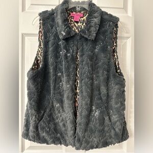 Betsey Johnson Women's Large Vest Gray Faux Fur with Sequin Detail
